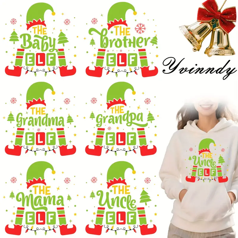 Christmas Clown Family Theme 6-Image Set, these heat transfer stickers are DTF printed, washable, and suitable for various decorating projects, such as clothing, T-shirts, pillows, and canvas bags.