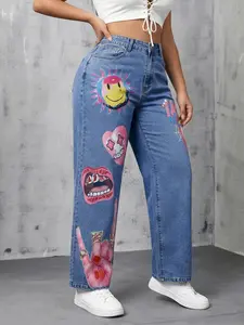 Jeanius Women's High Waist Wide Leg Denim Jeans, Medium Stretch Medium Wash, Y2K Punk Graffiti Print with Smiley Lips Rock Hand, Streetwear Semi Baggy Jeans