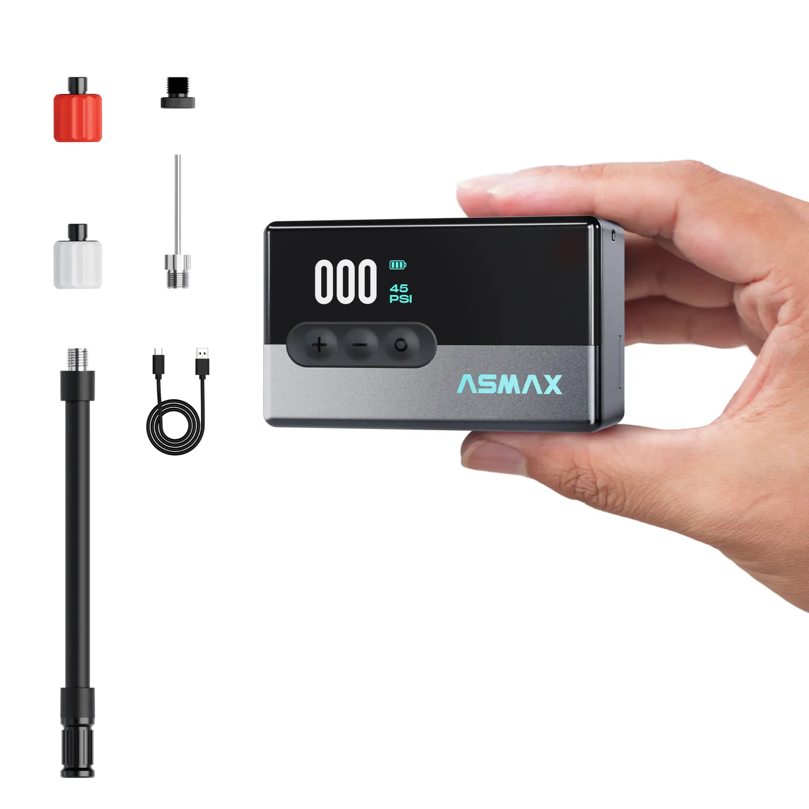ASMAX T30 120PSI Electric Bike Air Pump - Portable Compact Auto-Stop Inflator with Tire Pressure Detection, Built-in Mini Cordless Lamp, USB-C Charging, Schrader-Presta-Dunlop Valve Compatibility for Road Bicycles