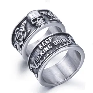 Keep Going Ring Stainless Steel Gothic Rose Skull Rings for Men Women Band Silver Skeleton Cocktail Party Ring Size 8-15