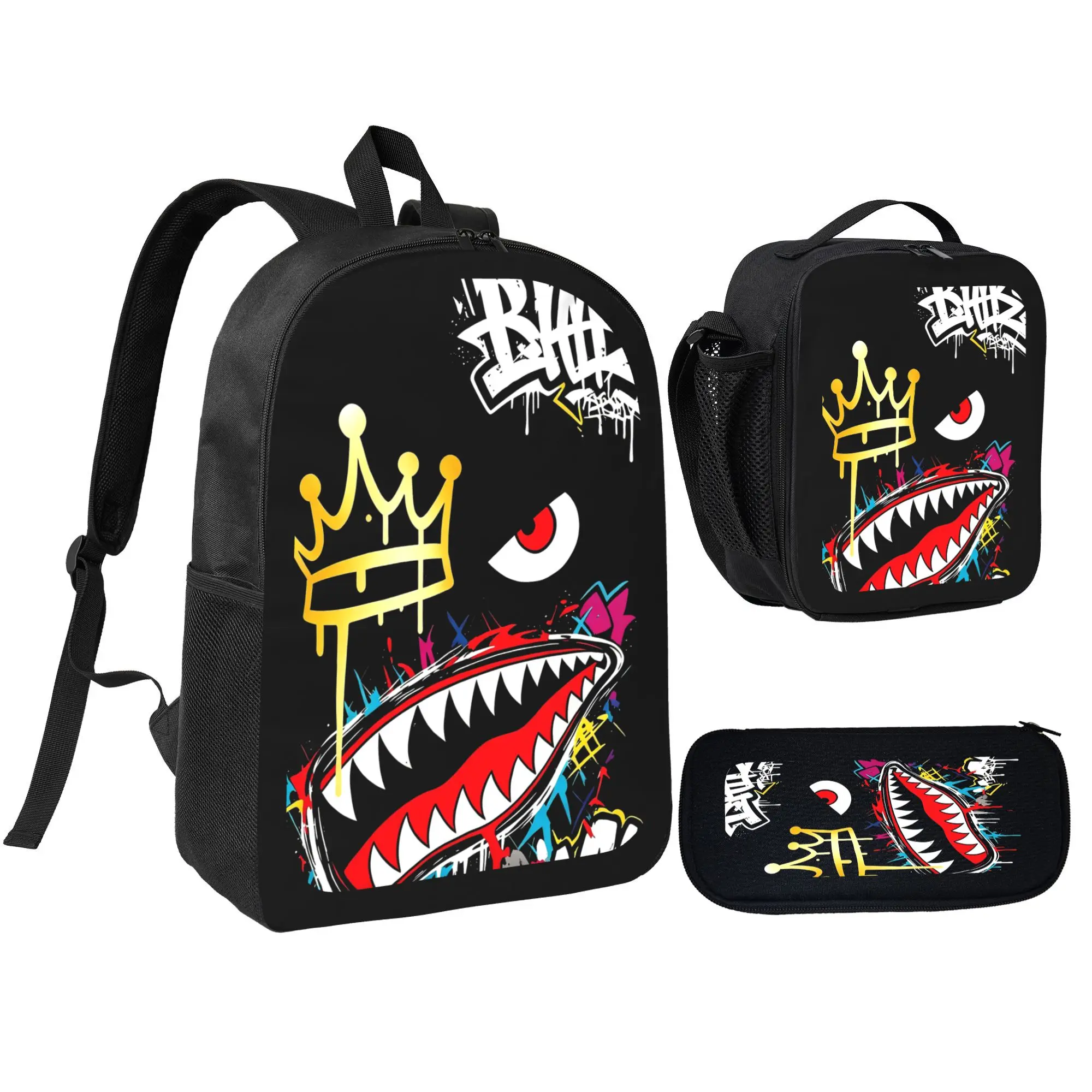 Kids Graffiti Monster 3-Piece Backpack Set,Black Shark Mouth Crown Graphic School Bag with Insulated Lunch Box,Pencil Pouch,Lightweight Large Bookbag for Boys Girls, Capacity Multi Function Backpack for School Travel Daily Use