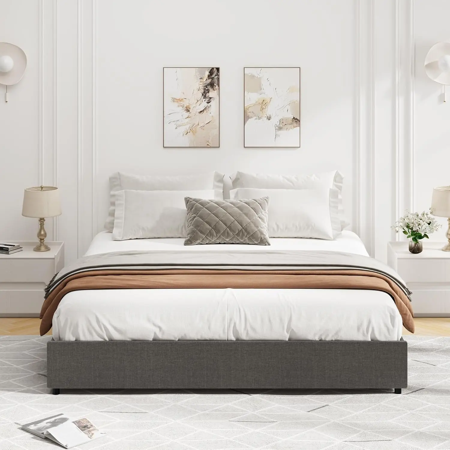 Full Size Modern Platform Bed Frame - Fabric Upholstered, 4 Storage Drawers, No Box Spring Needed, Wooden Slat Support, Noise-Free, Easy Assembly, Dark Grey Indoor Bed Frame, Full Size Bed Frame
