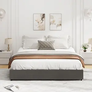 Dark Grey King Size Fabric Upholstered Platform Bed Frame with 4 Storage Drawers, Fabric Frame, Wooden Slatted Base Support, No Box Spring Needed, Noise-Free, Easy Setup, Easy Assembly