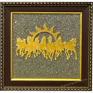 Amazing Gemstone Pyrite Stone Frame With 7 Running Horses with Sun For Wealth, Protection And Energy Balance – Wooden Wall Decor Frame With Original Pyrite Dust For Prosperity And Success