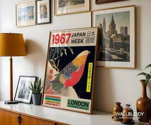 [SALE UP TO 50% + FREE SHIP]  Japanese Art Exhibition Poster Ukiyo-e Bird Print, 1967 Japan Week