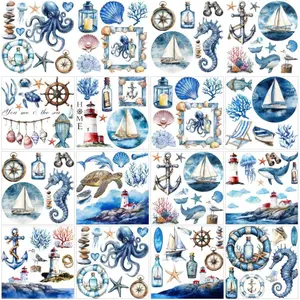 12 Sheets 12 Style Rub on Transfers, 5.5x5.5 Inch Nautical Elements Rub on Transfer Blue Printed Transfer Stickers for Window Furniture Craft Scrapbook Decals