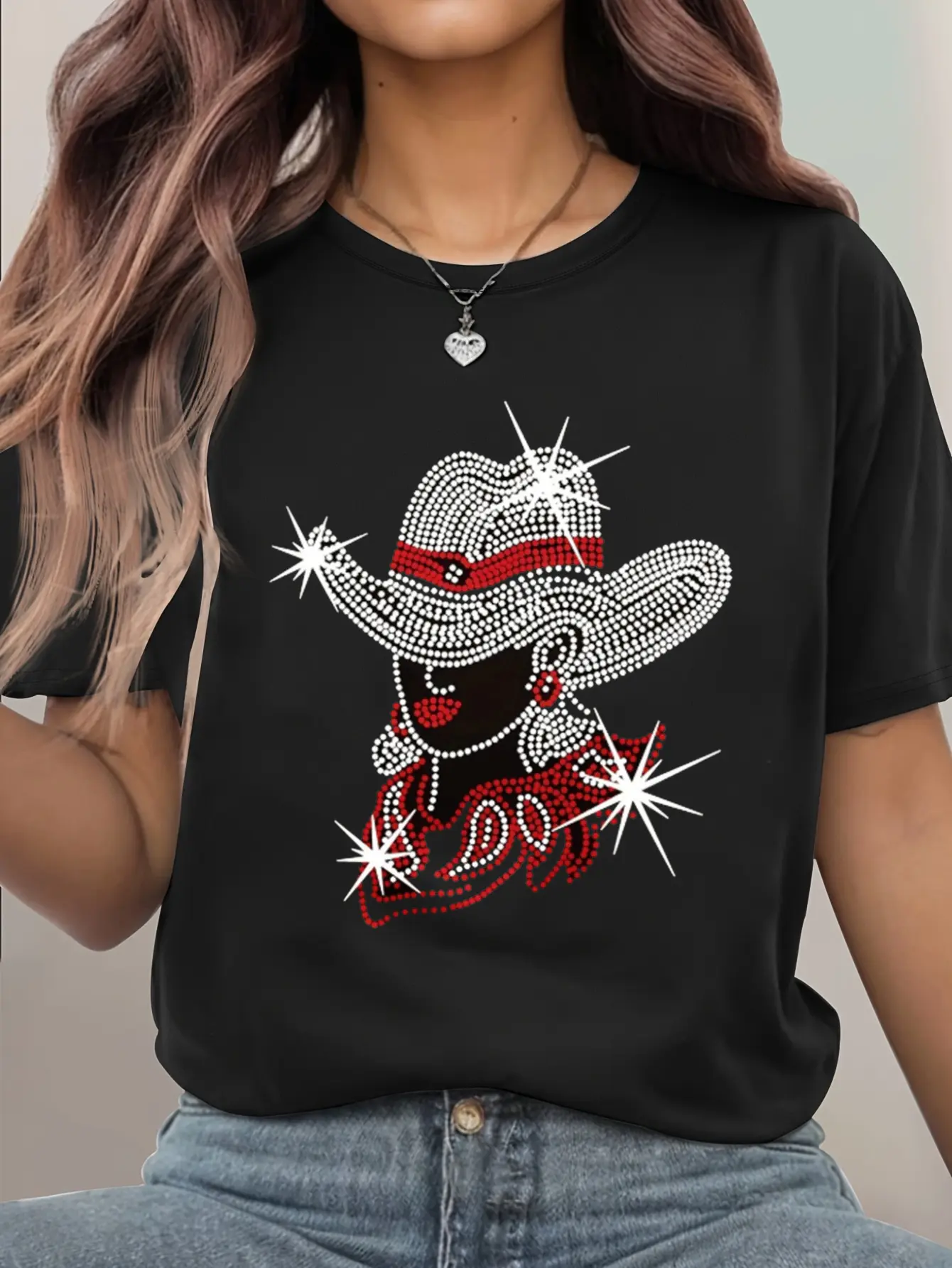 Black Rhinestone Cowgirl Hat T Shirt Women Western Country Style Bling Sequin Graphic Tee Top Fashion Statement Casual Wear