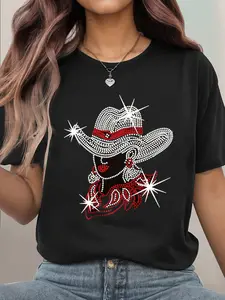 Black Rhinestone Cowgirl Hat T Shirt Women Western Country Style Bling Sequin Graphic Tee Top Fashion Statement Casual Wear