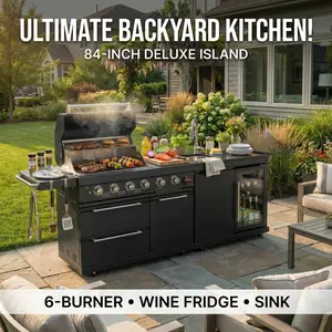 Outdoor Kitchen Island Deluxe Gas Grill 84-Inch 6-Burner 75300 BTUSS304 Stainless Steel with Sink Wine Cooler Fridge Granite Countertops and Rotisserie Kit Backyard Barbecue Station BBQ Island Silver Black