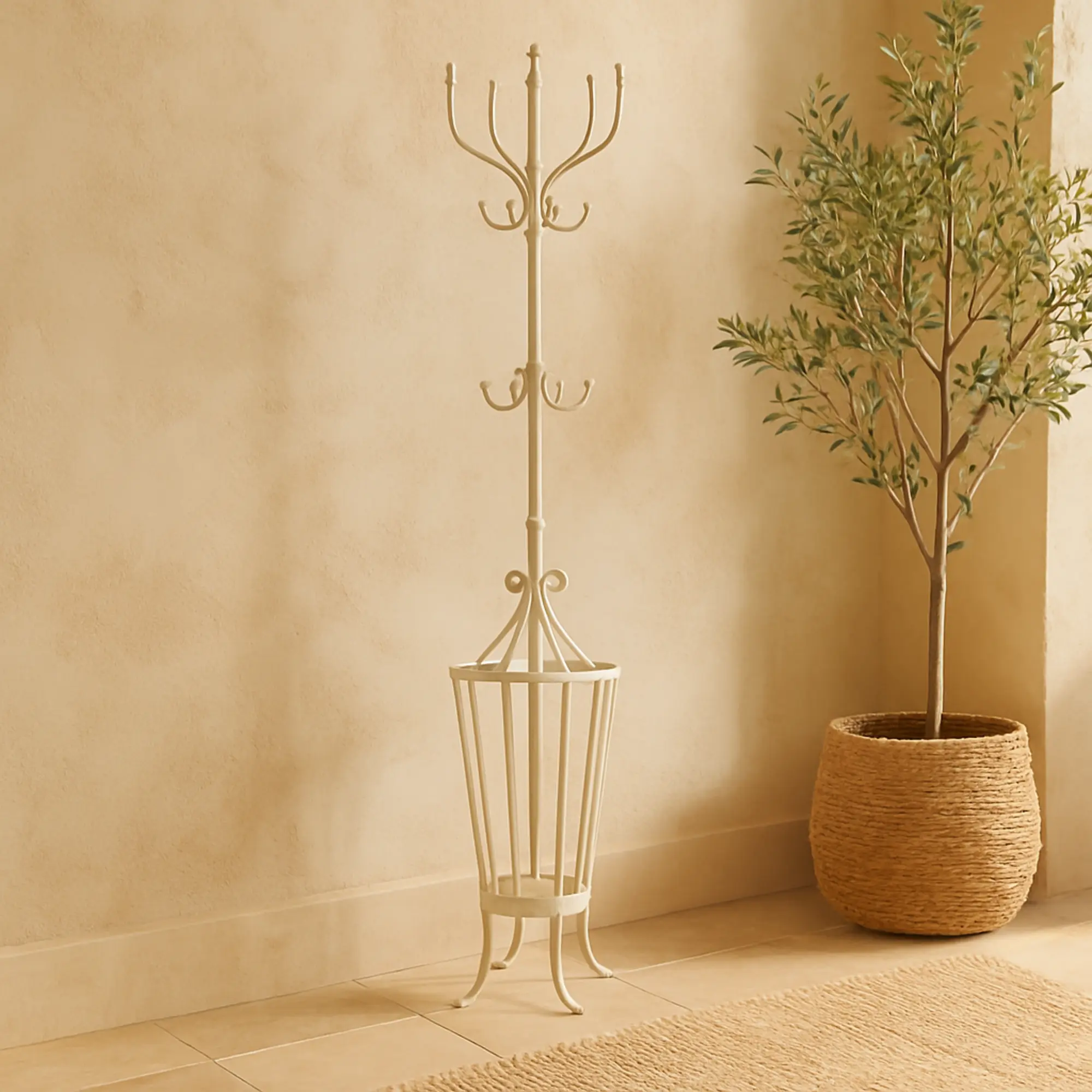 Vintage White Iron Freestanding Coat Rack - 12 Scrollwork-Inspired Hooks, Umbrella Base, 25 lbs Capacity, Warm Earthy Tones, Modern Farmhouse Decor, Distressed Look, 15Lx15Wx72H in, Solid & Durable, Fully Assembled, Ships in 1 Carton (Ideal for Entryway)