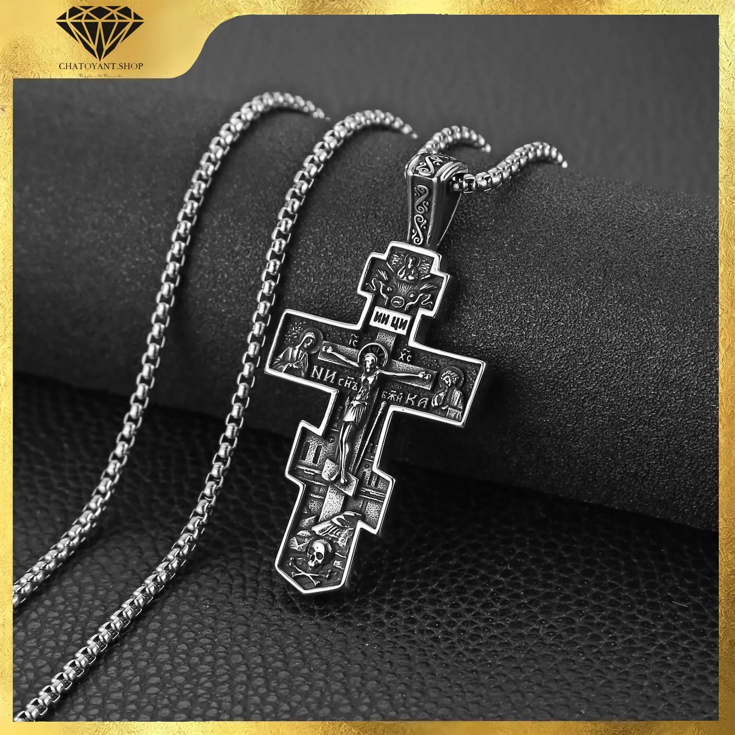 Orthodox Cross Necklace for Men Women, Gothic Stainless Steel Crucifix Pendant with 24-Inch Chain, 48mm/60mm Christian Jewelry, Birthday Gift, Religious, Double-Sided Design, Gilt Outline, Gothic Christian Jewelry, 17.3G, Cross Necklaces, Every Christian