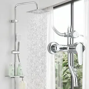 ATSHOWER Stainless Steel Silver Shower faucet Set Wall Mounted Triple Function Exposed Shower System 8 inches Shower Head Bathroom Adjustable Hand Spray Rainfall Outdoor Shower Faucet Complete Set, Polished Chrome