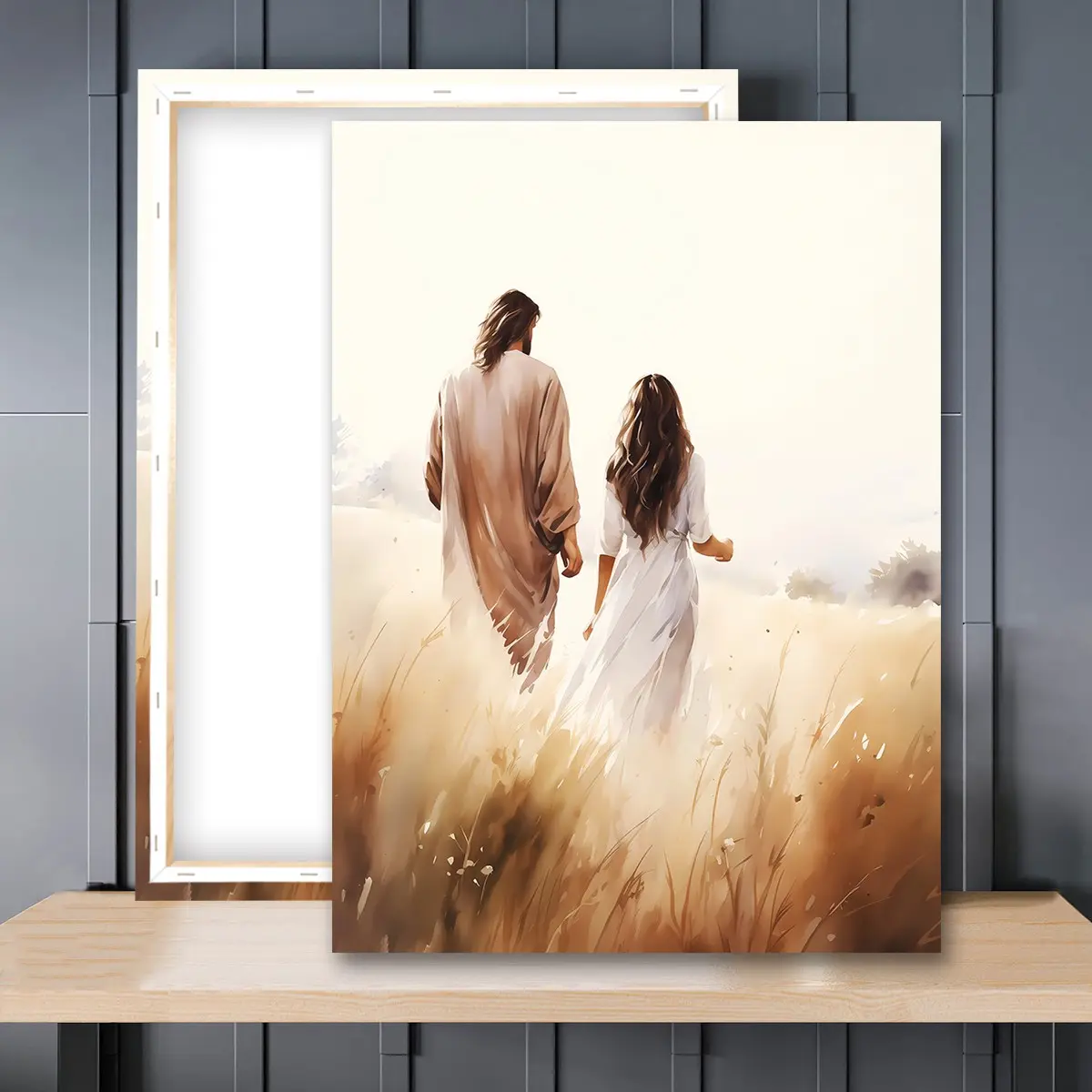 1pc Wooden Framed, Jesus Walking With A Woman Poster, Jesus Christ Print, Bible Art, Christian Wall Art Canvas Painting, Jesus Watercolor Art, Christ Portrait Wall Pictures, Vintage Wall Art, Artistic, Ideal For Home Decoration