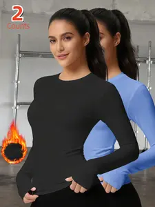 2-Pack Women's Thermal Underwear Tops, Solid Color Classic Crew Neck Long-Sleeve Fitted Base Layers for Autumn & Winter - Ideal as Running, Hiking Activewear, Comfortable Base Layer Tees Suitable for Outdoor Activities