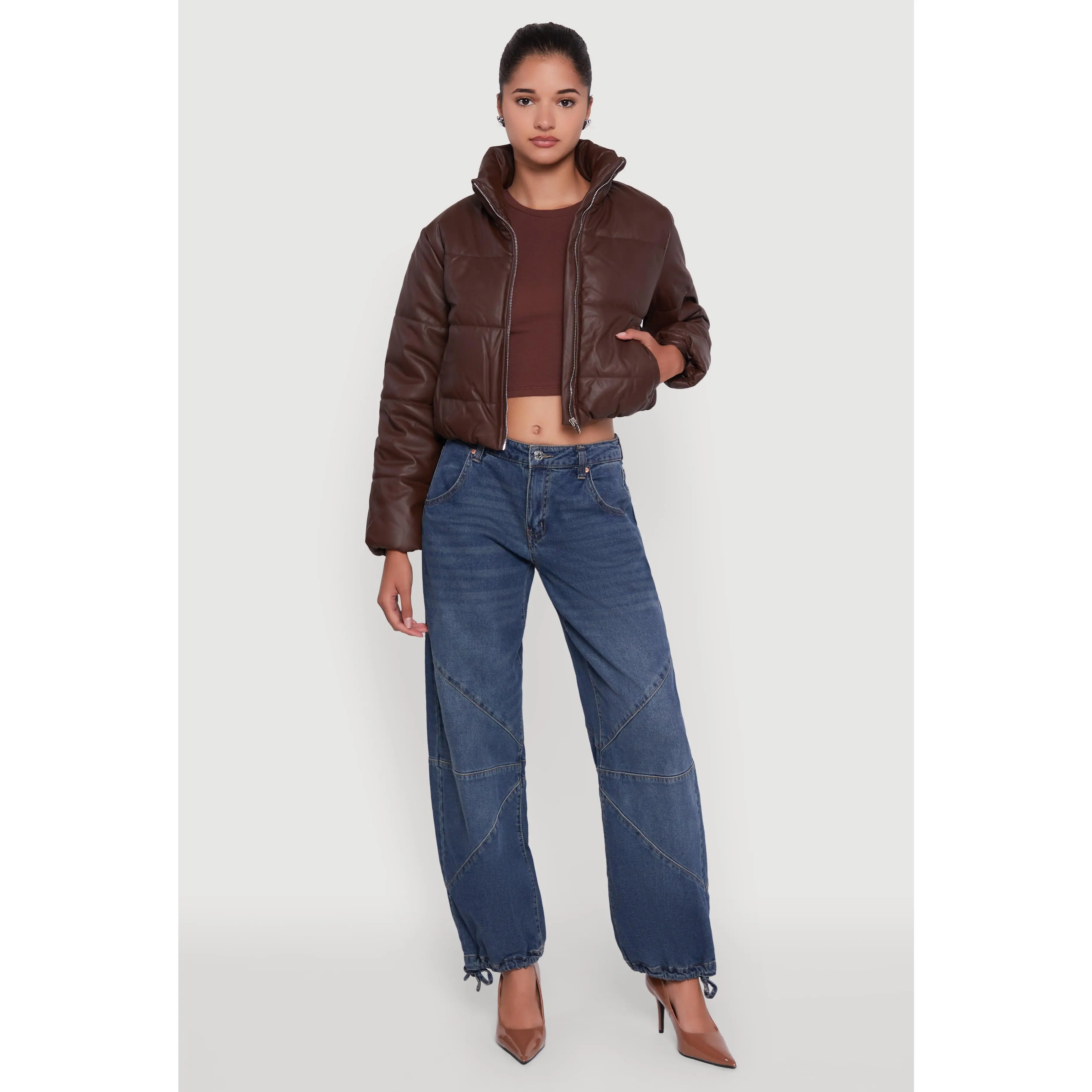 Cropped Faux Leather Puffer Jacket