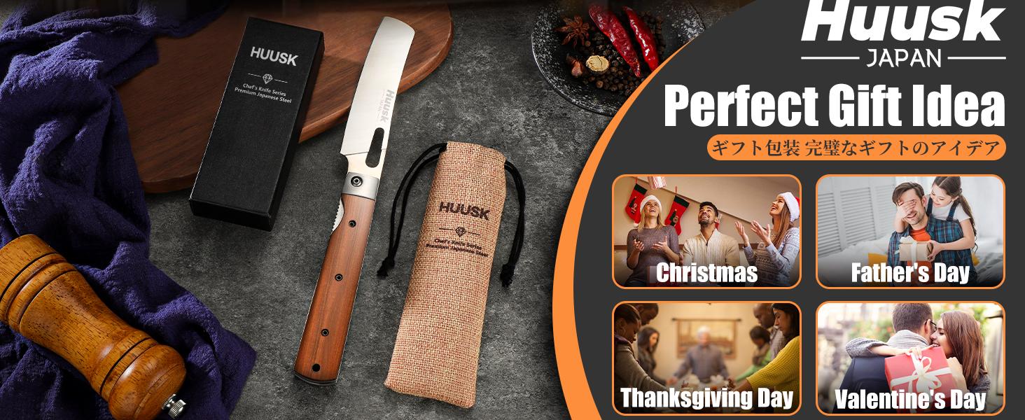 Huusk Folding Nakiri Knife with 440C Stainless Steel Blade, Wood Handle, Portable Kitchen Knife for BBQ, Outdoor ，BlackFriday  Christmas Gift