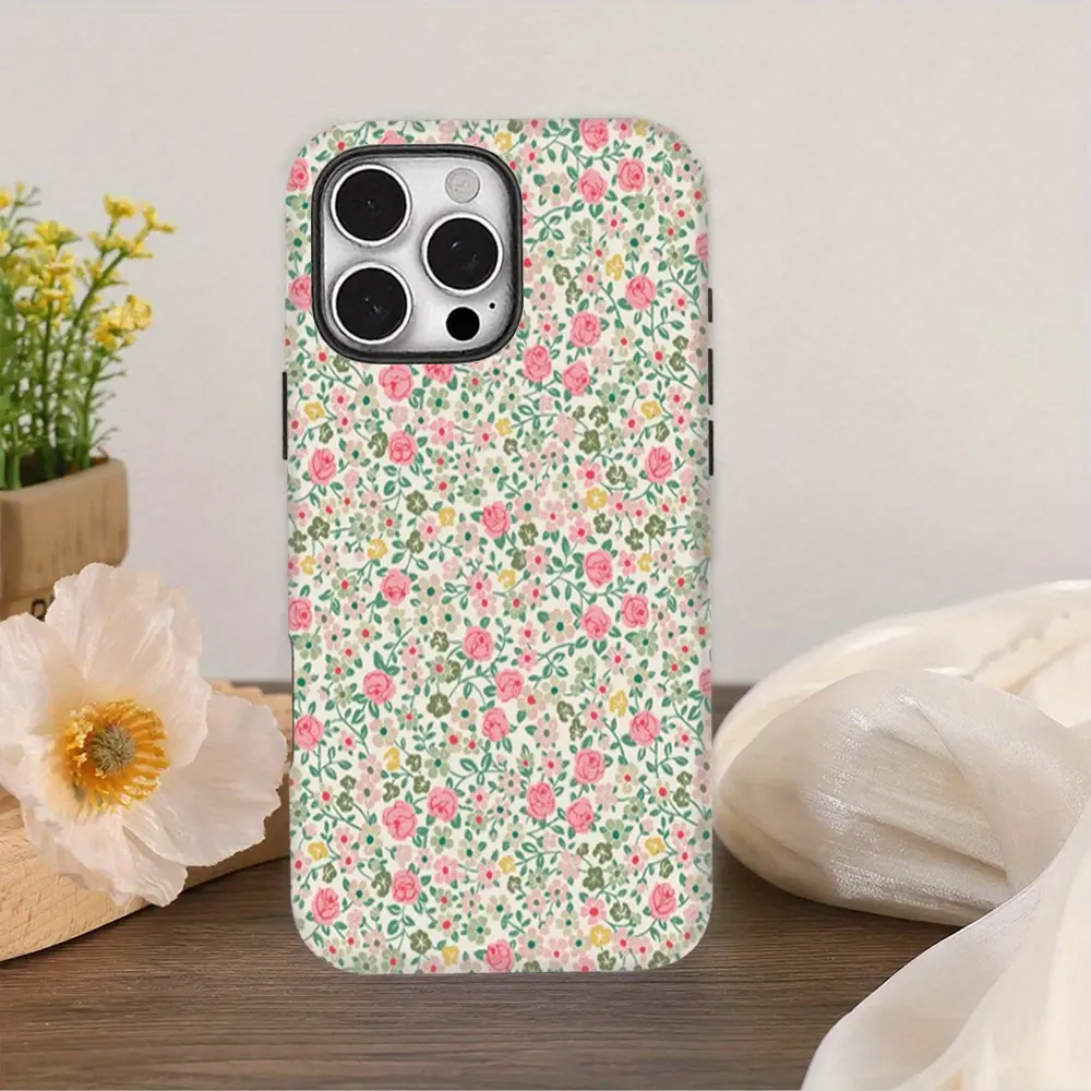 Durable Shock-Absorbing Glossy 2-in-1 Smartphone Casing - Pink & Rose Spring Floral Pattern, Cellphone Protection for iPhone 12-17, 11, X & Samsung Devices, Ideal Holiday Gift for Loved Ones