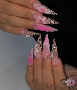 Leopard Glam Flower Press On Nails, Pink 3D Floral Rhinestone Nails | Long Stiletto Leopard Print Nail| Glam Safari Aesthetic Nail