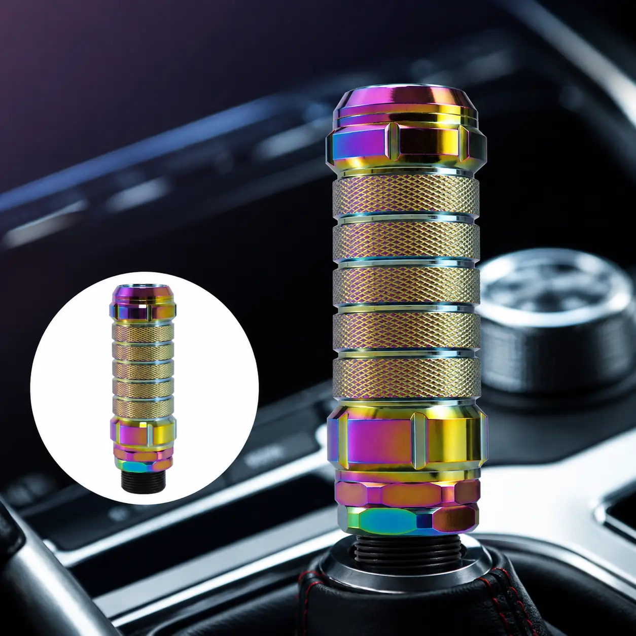 Universal Aluminum Alloy Racing Shift Knob – Adjustable Manual Gear Shifter Handle with M8/M10/M12 Adapters, Knurled Non-Slip Design, Anodized Rainbow/Red/Blue Colors, JDM Racing Style Car Interior Upgrade Accessory #ShiftKnob #CarAccessories #JDMStyle
