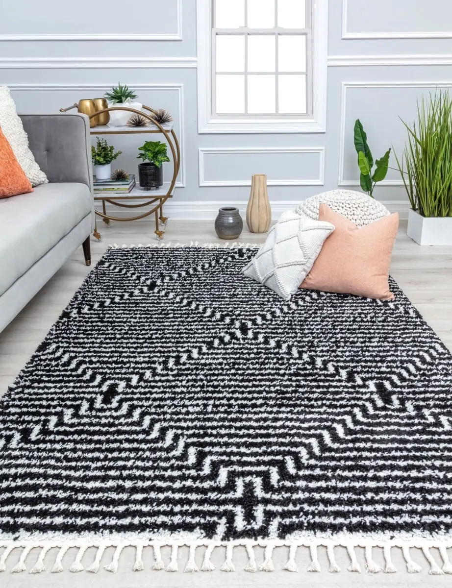 212 MAIN CosmoLiving RA32560 BT20A Last Call Modern Black Rectangle Home Decor Rug, 2 ft. 6 in. x 8 ft. Rectangle Size, Cloud-Like Pile, Geometric Stripes-Diamond Design, Tassel Ends, Indoor Use
