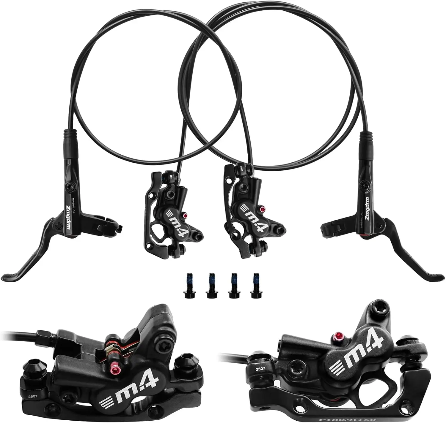 ZTZ 4-Piston Cold-Forged Silent MTB Hydraulic Disc Brake Set - Precision, Left Front 850mm, Right Rear 1600mm, PM/IS Adapter, 100000+ Cycles Tested, Adjustable Lever, Forged Metal, Fits eBike/Mountain Bike, Mountain Biking Hydraulic Disc Brakes, Disc Brak