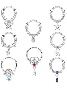 8Pcs 16G Septum Ring for Women Men Dangle Septum Jewelry with Blue Plant Teardrop Clear CZ Butterfly Snake Heart Moon Daith Earrings Helix Cartilage Tragus Hoop Nose Rings Piercing Body Piercing Jewelry