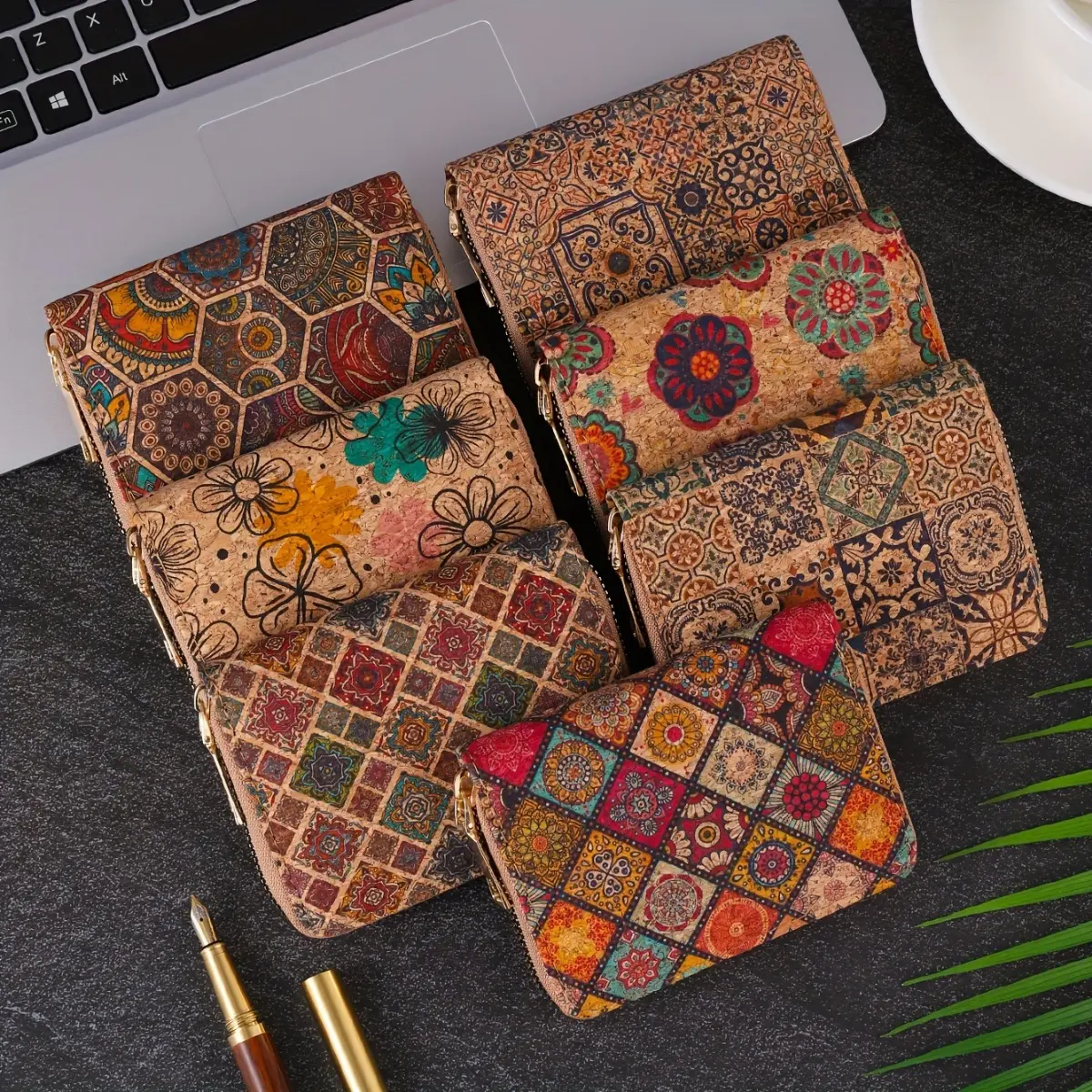 Bohemian Vintage Mini Wallet, Short Cork Coin Holder with Flower Pattern, Ethnic Credit Card Holder