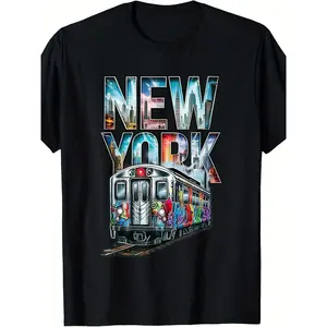 Retro New York City Subway Graphic T-Shirt for Men, Urban Hip Hop Tee with Graffiti Art, Vintage NYC Transit Design, Breathable Elastic Cotton, Regular Fit Round Neck, Machine Washable, Casual Streetwear for All-Season Daily & Outdoor Wear