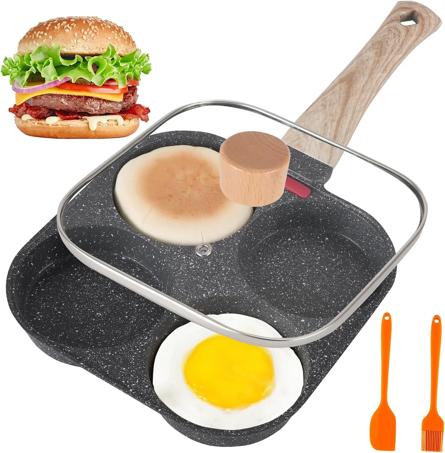 Nonstick 4-Cup Aluminum Egg Pan with Lid, Healthy Fry Cookware Skillet for Eggs, Pancakes, Compatible with Gas Stove & Induction Cooktop