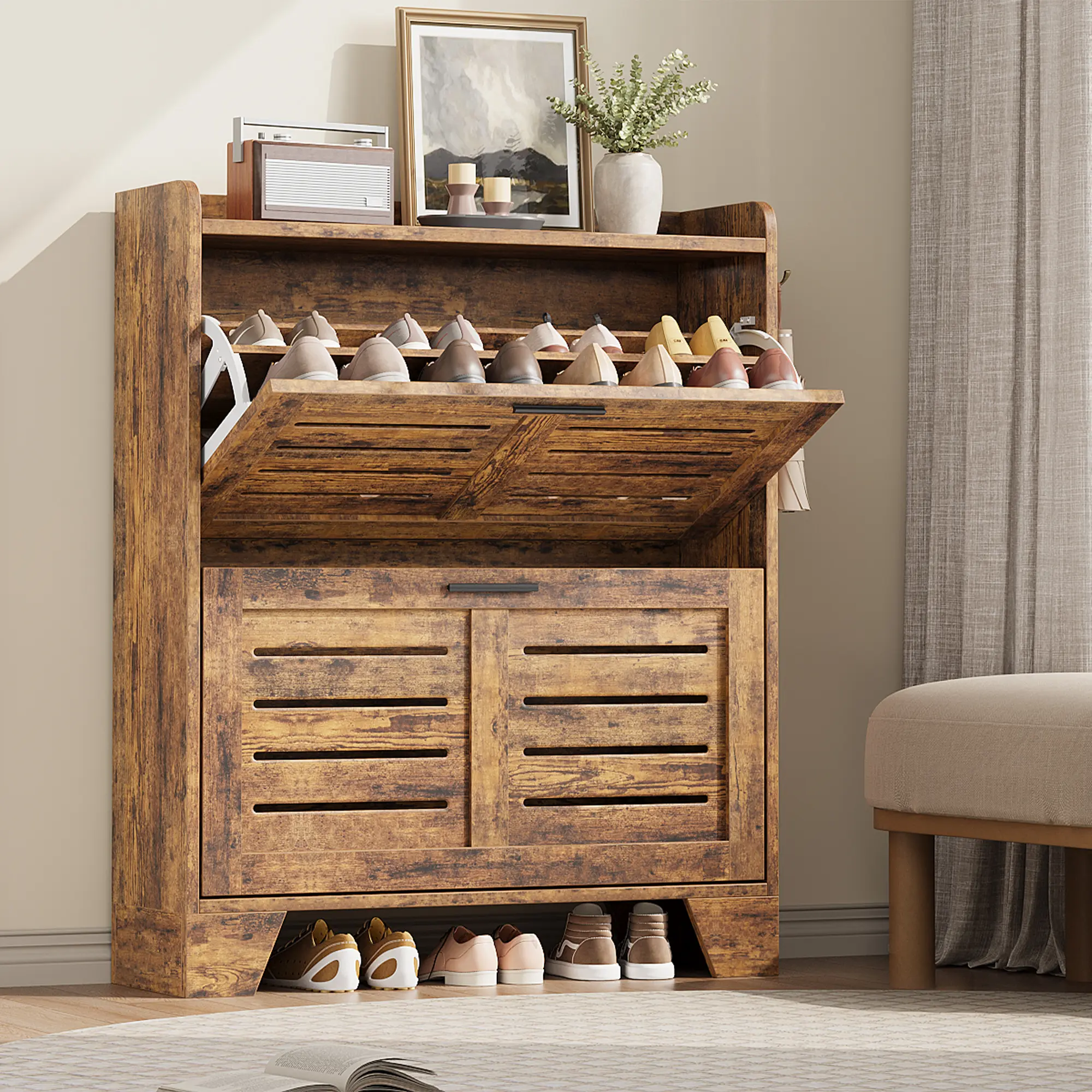 Farmhouse Shoe Cabinet with 2 Flip Down Drawers & 2 Hooks, Narrow Entryway Shoe Storage Organizer, Wood Slim Hallway Cabinet for Apartments, Small Spaces