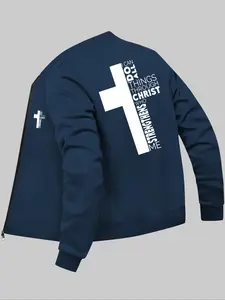 Men's Letter & Cross Print Zip Up Baseball Collar Jacket, Regular Fit Casual Long Sleeve Pocket Outerwear for Daily Wear, Men's Clothes for All Seasons