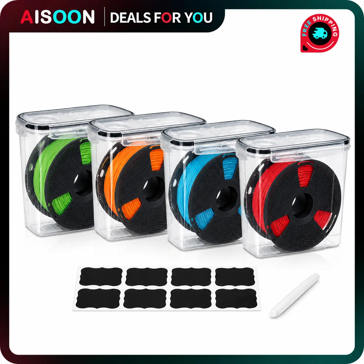 AISOON 4-Pack Stackable Airtight 3D Printer Filament Storage Boxes for 1KG Spools - Transparent Dustproof Organizer with Lid, 8 Labels & Marker for Easy Labeling, Airtight Seal Design