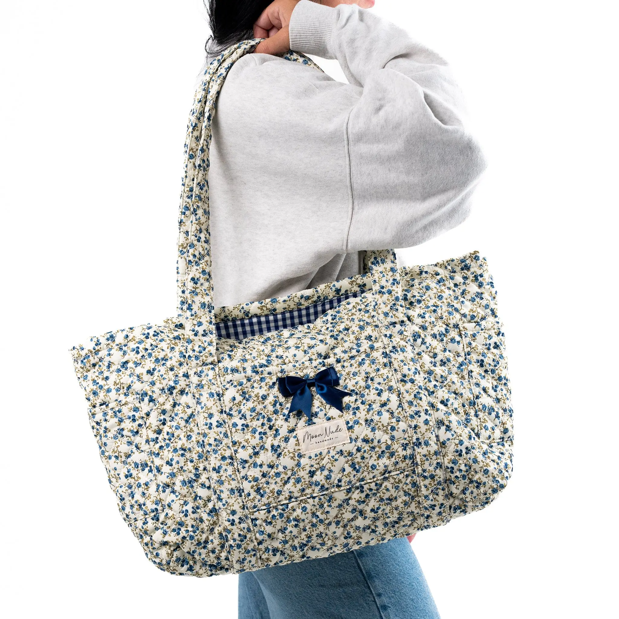 Moon Nude Spring Tote Bag – Multi-Design Collection | Zipper Closure | Quilted Floral Tote with Bow Accent, Blue Gingham Interior & 3 Exterior Pockets, Stylish Everyday Bag