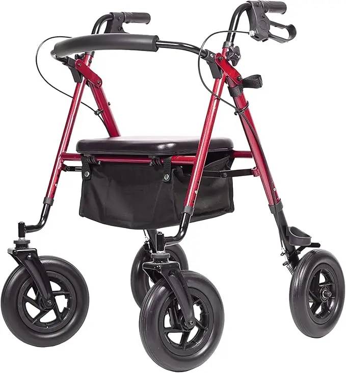 ELENKER Adjustable All-Terrain Rollator Walker for Seniors (4’8” to 6’4’), 10” Rubber Wheels, Padded Seat, Padded Backrest, Under-Seat Storage Basket, Model HFK-9236D4