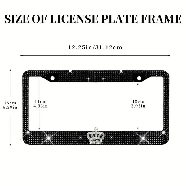 Women's 2pcs Bling Black Rhinestone License Plate Frame with 3D Silver Crown Emblem, Sparkly Car Exterior Accessory with 2 Standard Mounting Holes, Fits USA Canada Plates (Ideal for Holidays, Birthdays)