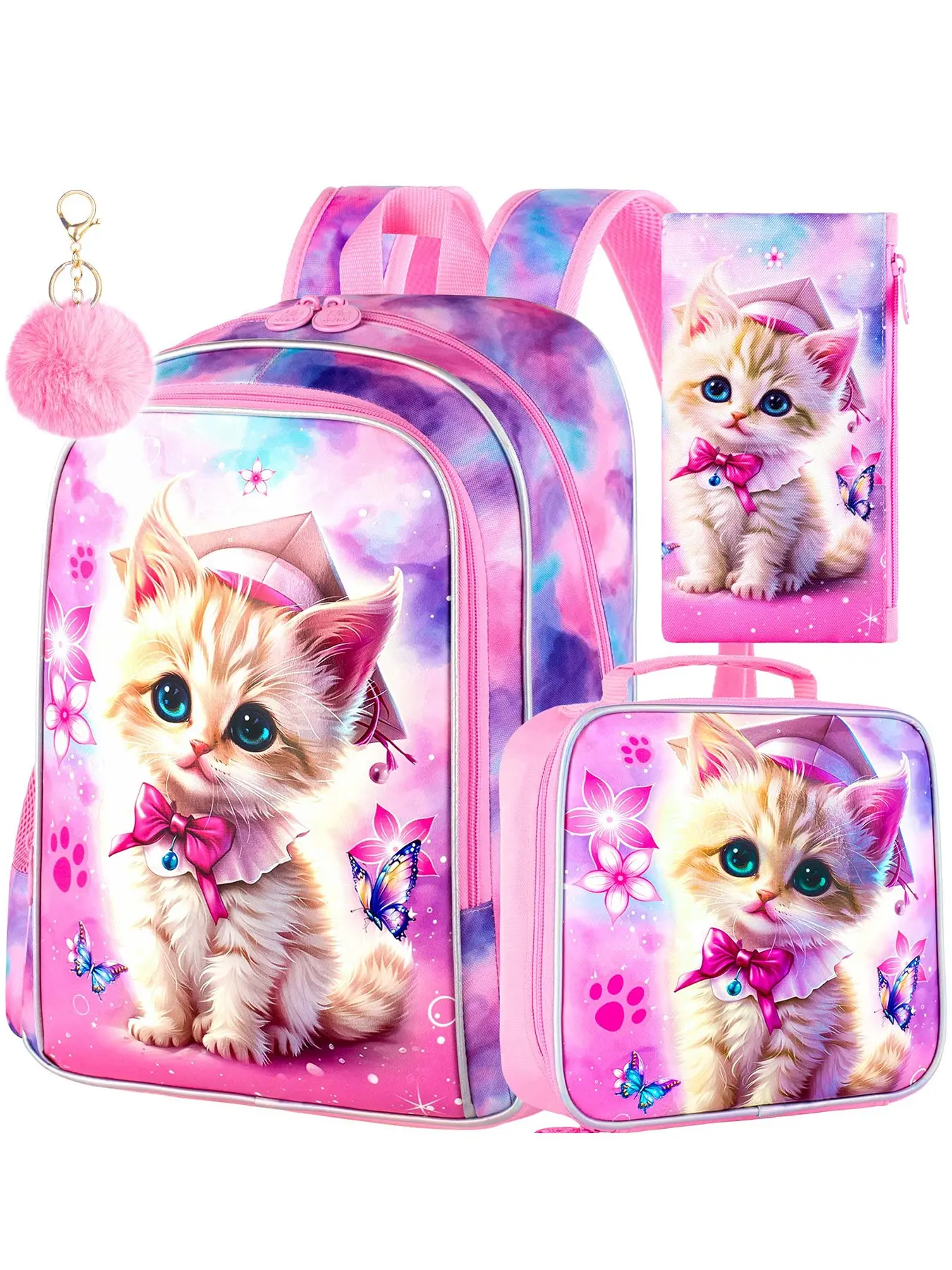 3pcs Cute Kitten School Bag Set | Pastel Tie-Dye Aesthetic | Multi-Pocket with Reflective Strip & Pom-pom Charm | For Elementary Kids Daily School & Back-to-School Gift