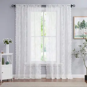 Vintage Embroidered Floral Sheer Lace Curtain, Scalloped Privacy Lace Curtain Panel for Windows, Window Curtain for Home Living Room Bedroom, Home Decoration Curtain