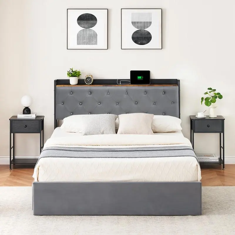 Gray Velvet Upholstered Full-Size Bed Frame with Charging Station, 4 Storage Drawers, Storage Headboard, Strong Wooden Slats Support, No Box Spring Needed