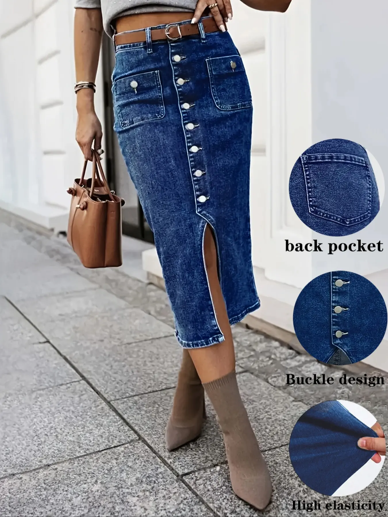 Women's High Elasticity Fitted Dark Wash Denim Button Front Skirt with Closure, Stylish Casual Wear, Perfect for Everyday Wear, Comfortable and Trendy Midi Skirt, Fashion Casual Skirt