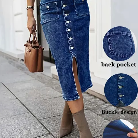 Women's High Elastic Denim Half Skirt with Button Closure, Stylish Casual Wear, Perfect for Daily, Everyday, Comfortable and Trendy