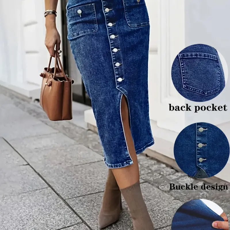 Women's High Elastic Denim Half Skirt with Button Closure, Stylish Casual Wear, Perfect for Daily, Everyday, Comfortable and Trendy