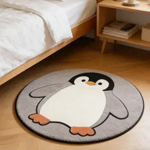 Cartoon cute gray and white penguin bedroom bedside plush round carpet cute penguin shape living room sofa area decoration thickened carpet healing simple penguin pattern bathroom entrance door non-slip floor mat