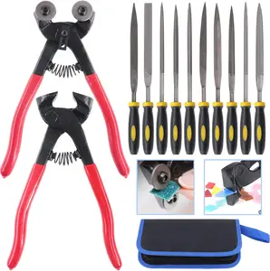 12 count Mosaic Tools Set, Heavy Duty Wheeled Glass Mosaic Nippers and Tile  Pliers with 10 count High Strength  File for Glass & Ceramic  and Grinding