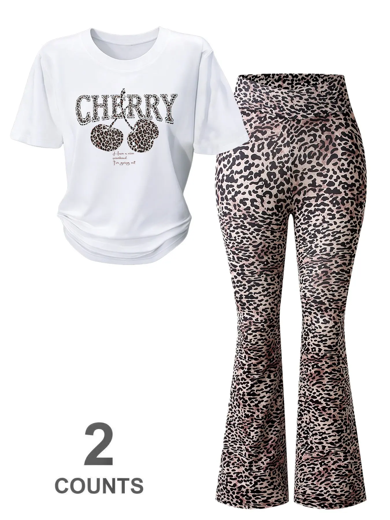 Women's Casual 2-Piece Set Leopard Cherry Print T-Shirt with High Waist Flared Pants, Perfect for All Seasons, Essential for Easy Outings
