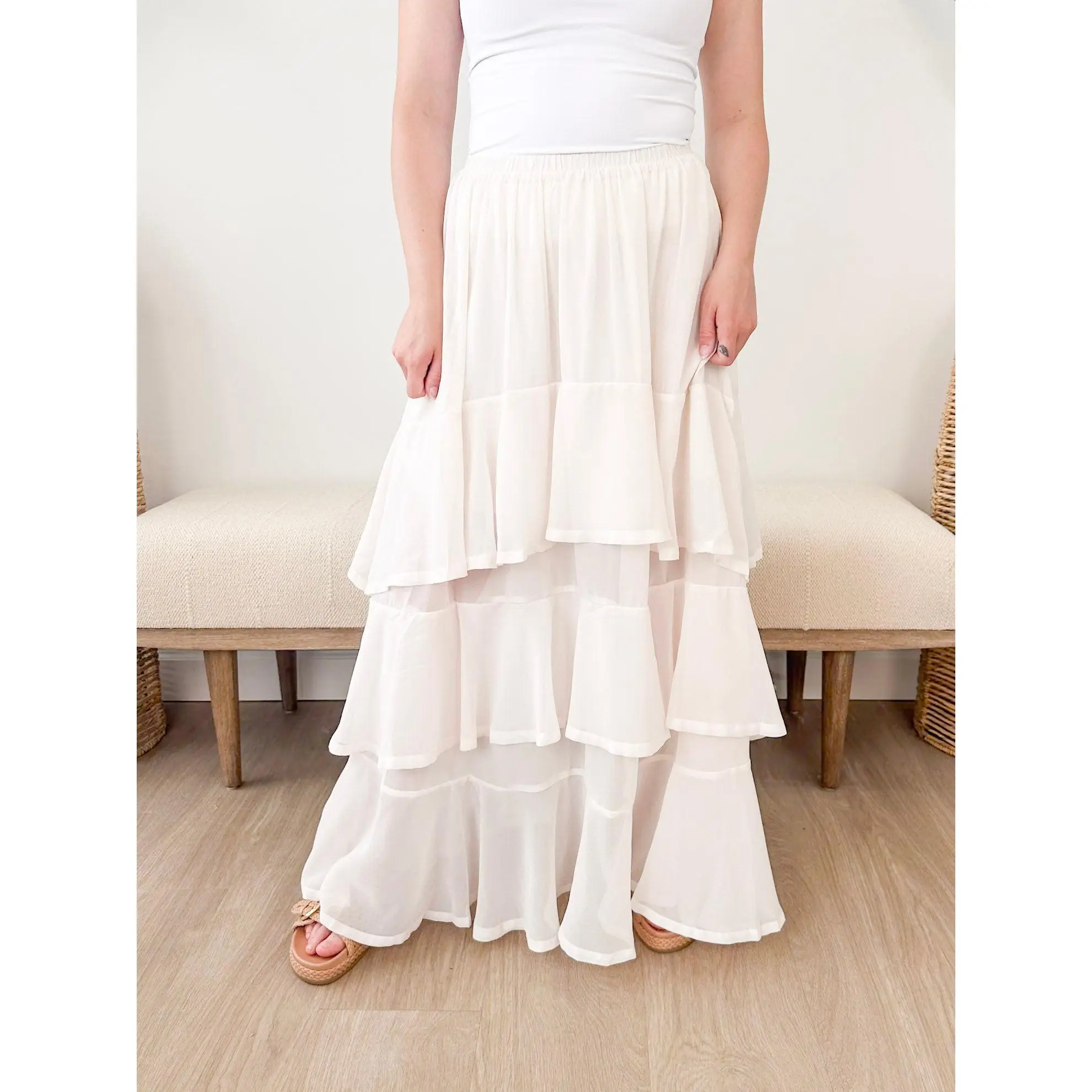Women's Tiered Ruffle Midi Skirt, Lightweight and Airy Polyester Bottom with an Elastic Waistband, Lined Summer Style, Ruffled, Clothes, Mid-Length, Airy & Lightweight, True-To-Size, Bottom Skirt, Lightweight & Airy