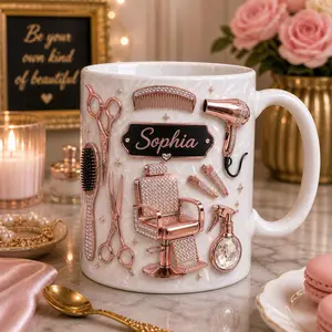 Personalized Hairstylist Mug 2D Printed 3D Effect Coffee Mug Custom Name Salon Chair Design for Hair Stylist Hairdresser Beauty Lover Gift for Women Girls Salon Owner Birthday Graduation Appreciation Gift Idea