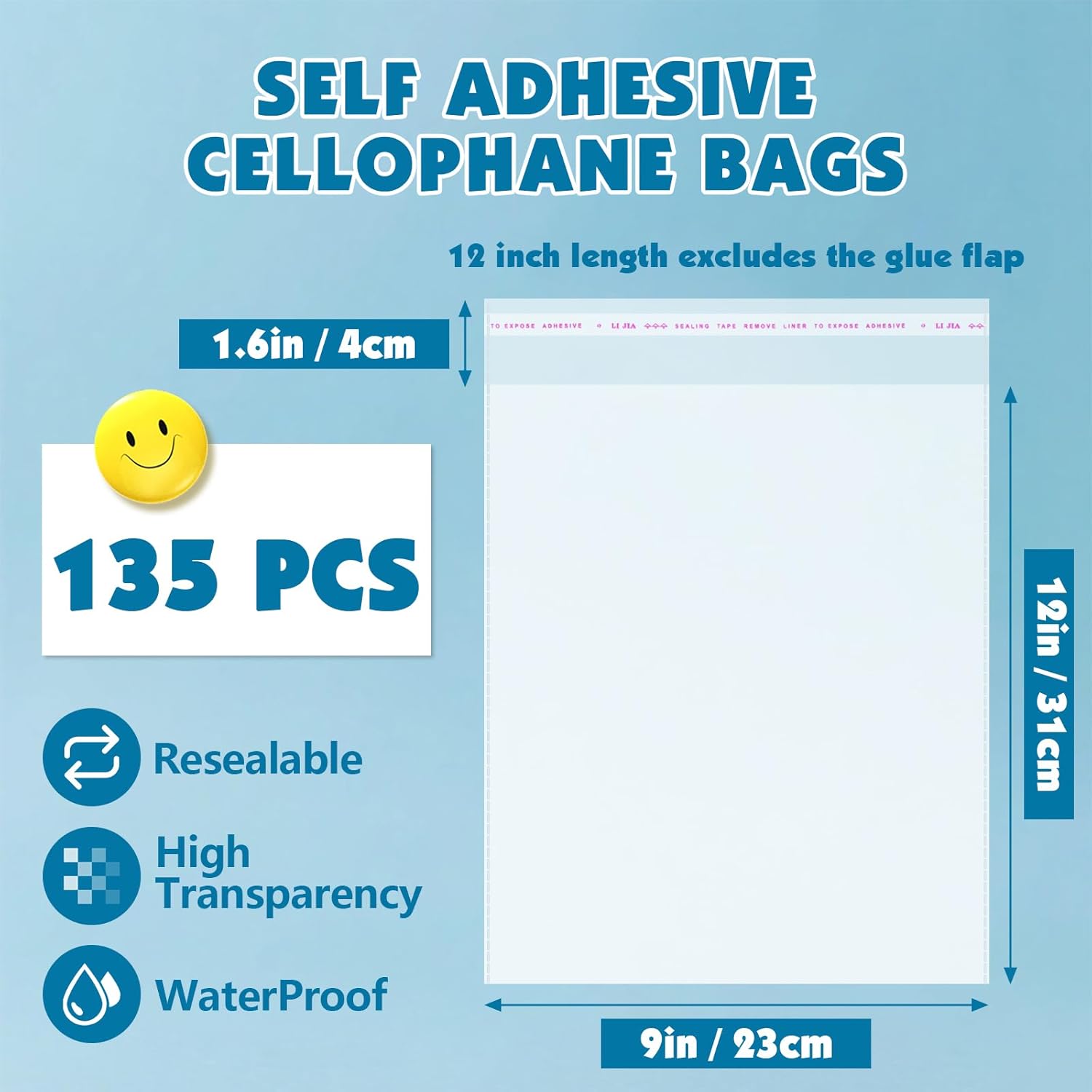 135 PCS 9x12 Inch Clear Cellophane Bags, Resealable Poly Bags, Self-Sealing Shirt Bags for Clothes, Magazines, Postcards, Packaging, Emotional Intelligence Inspired Organizational Tool