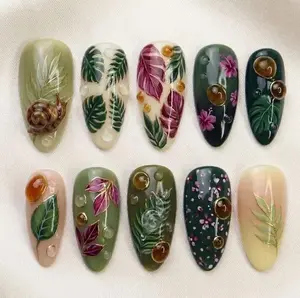Handmade Tropical Rainforest Nails, 3D Snail & Water Drop Art, Monstera Leaf Design, Moss Green Vibes, Nails For Bold Artistic Vibes