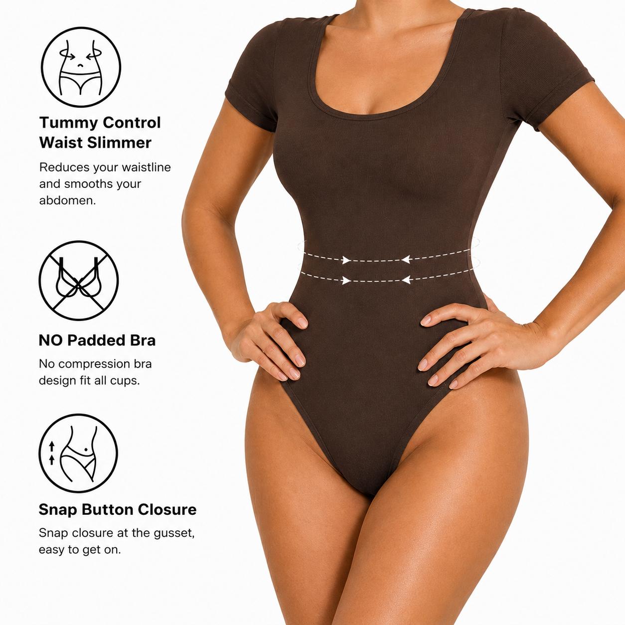 ZAVO Women’s Seamless Nylon Blend Corset Bodysuit, Square Neck Short Sleeve Tops, T-Back, Body-Shaping Cinched Waist Shapewear, Stretchy Curve-Friendly Fit Womenswear Brown Summer Compression Fabric Basic Black Minimalist