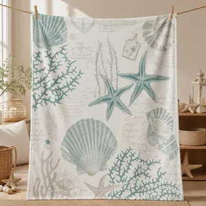 Creative Oceanic Shell Blanket, Vintage Nautical Digital Print, Soft Warm Cozy Throw for Sofa Bed Office Camping, Kids Gift